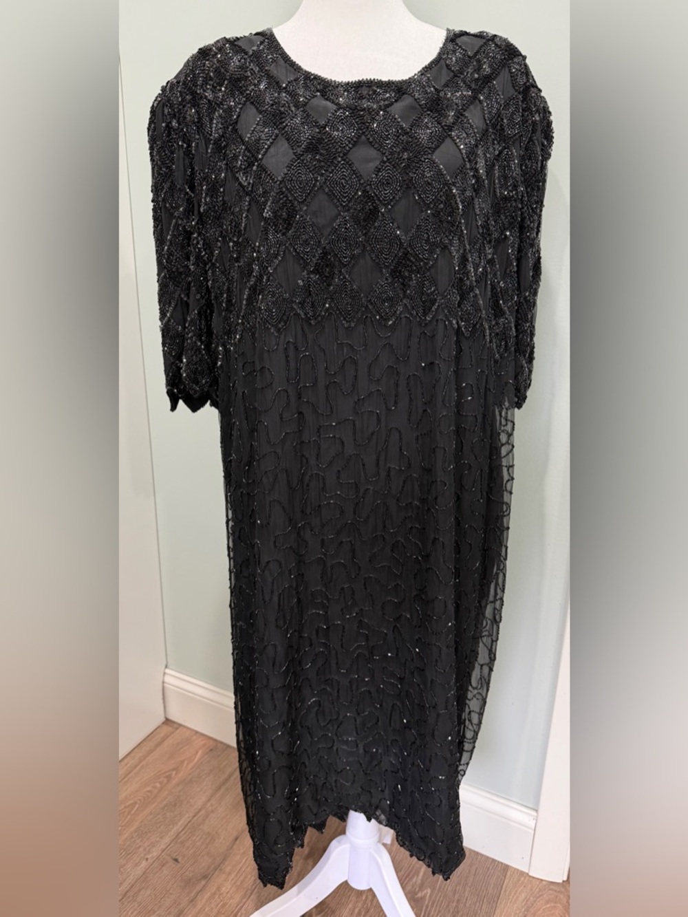 Vintage Laurence Kazar Black Beaded Dress 3X 80s 90s Evening Cocktail Plus Size